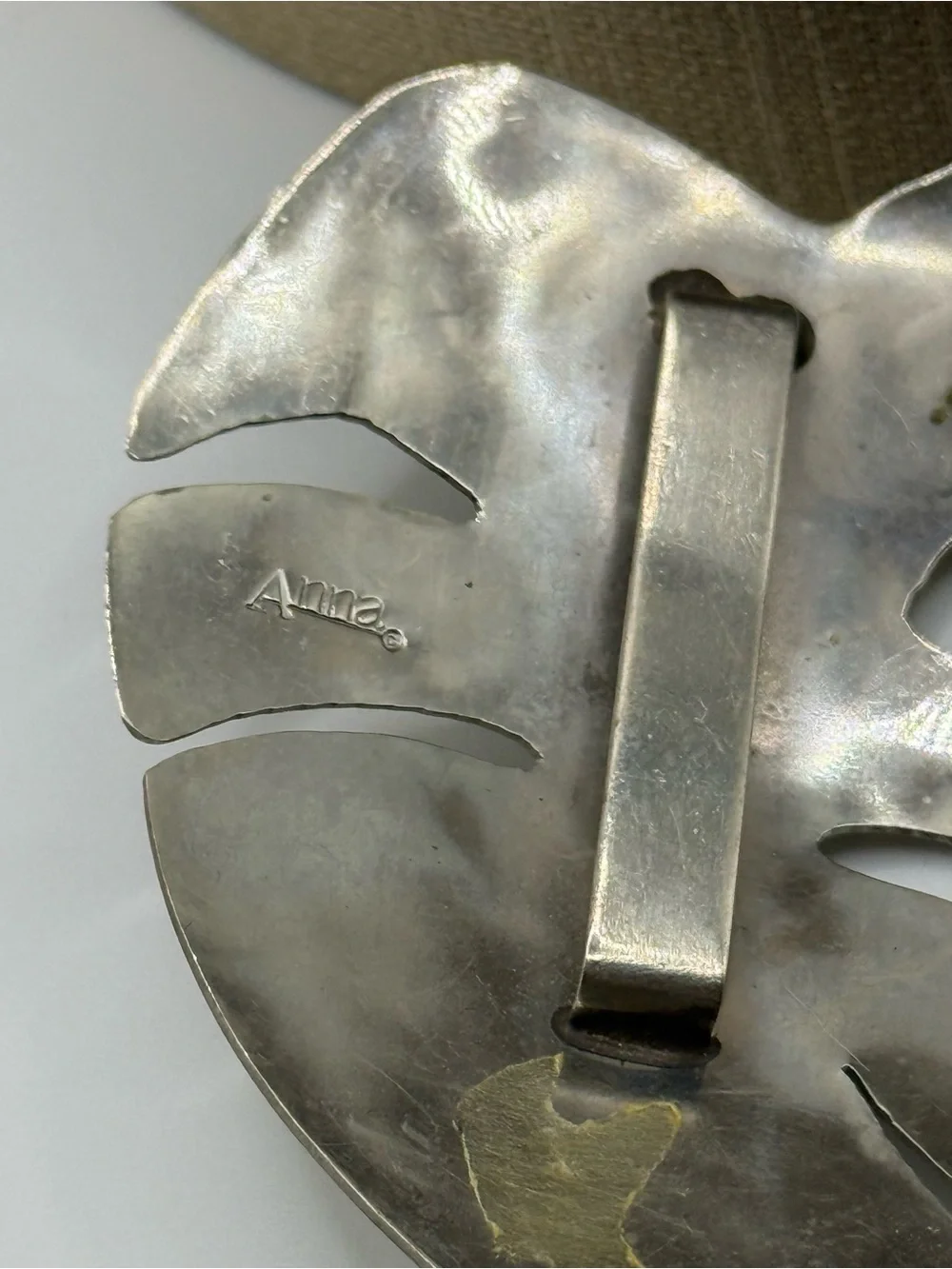 vintage anna Polished Silver tone leaf belt buckle - Sculpted Metal Design